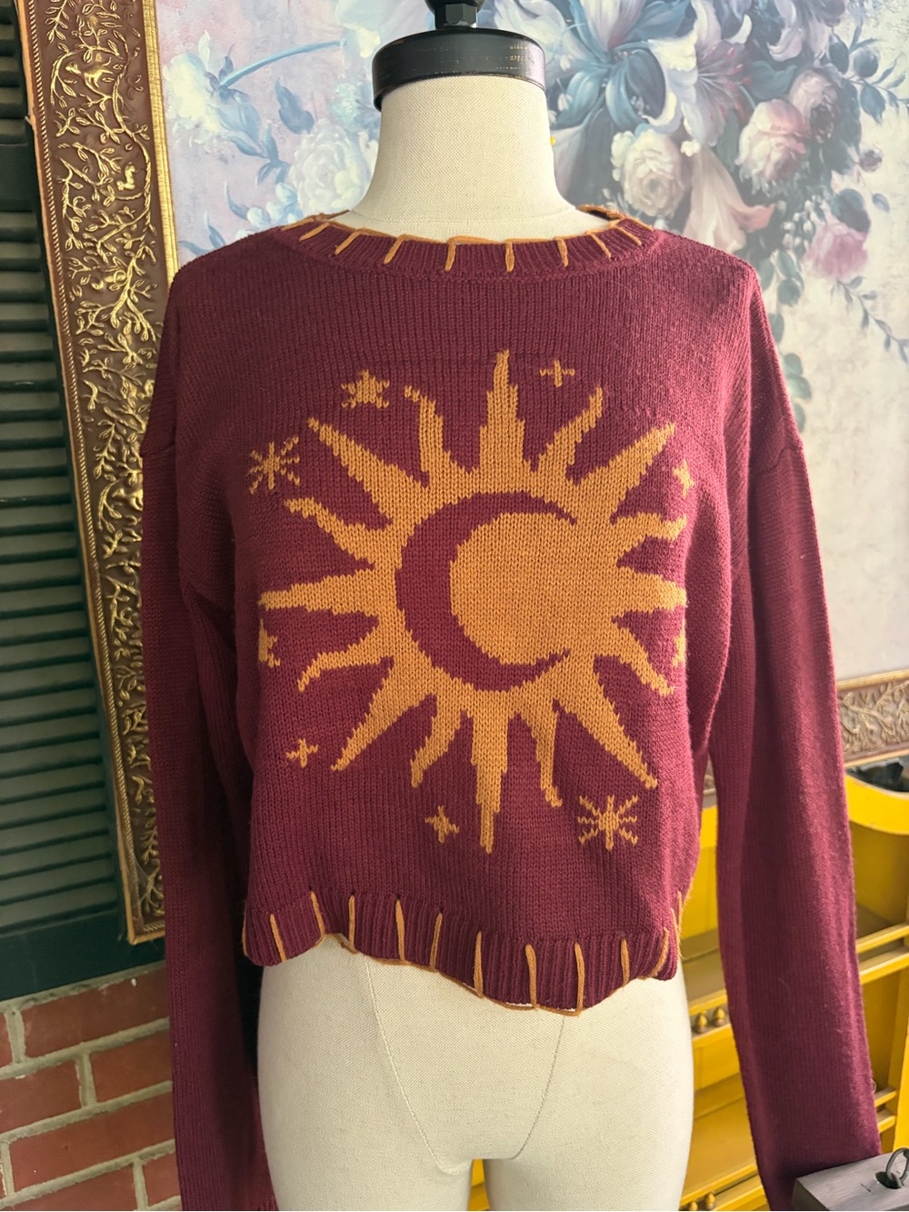 Cropped Maroon Sun & Moon Knit Sweater - Women